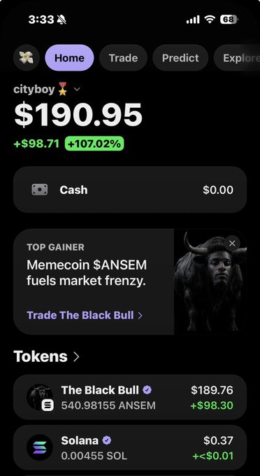 A mobile trading app screenshot showing a 'cityboy' portfolio at $190.95 (+107.02%), featuring a 'TOP GAINER' promotion for 'The Black Bull' ($ANSEM) memecoin and holdings in Solana (SOL).