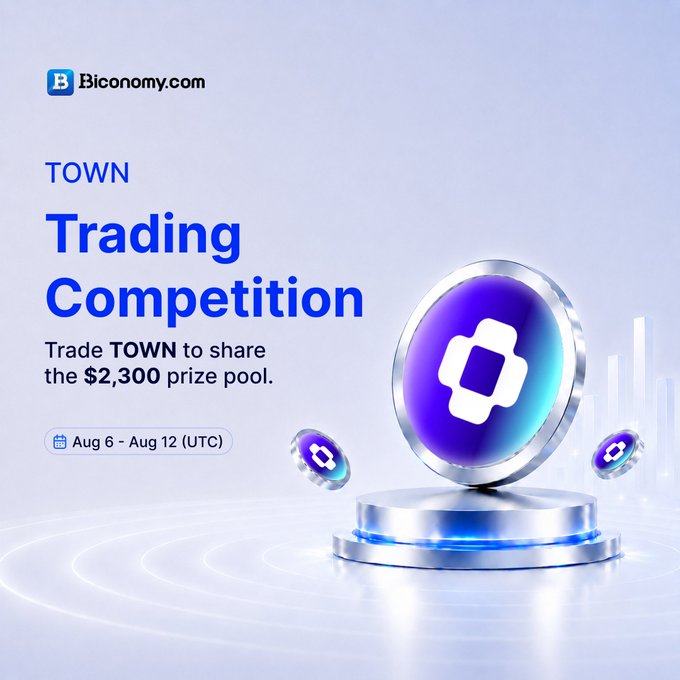 Biconomy.com promotes its TOWN Trading Competition running August 6–12 (UTC), featuring a $2,300 TOWN token prize pool to be split among the top 30 traders, with a stylized purple TOWN coin displayed on a glowing pedestal alongside the event details.