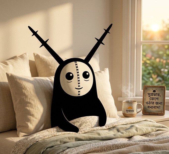 A cute black plush toy with long antennae and a stitched smile sits on a cozy bed next to a steaming mug and a sign with Bengali text, bathed in warm morning sunlight. The cheerful, welcoming scene perfectly complements the post's uplifting "Good morning" message, encouraging positivity to start the day.