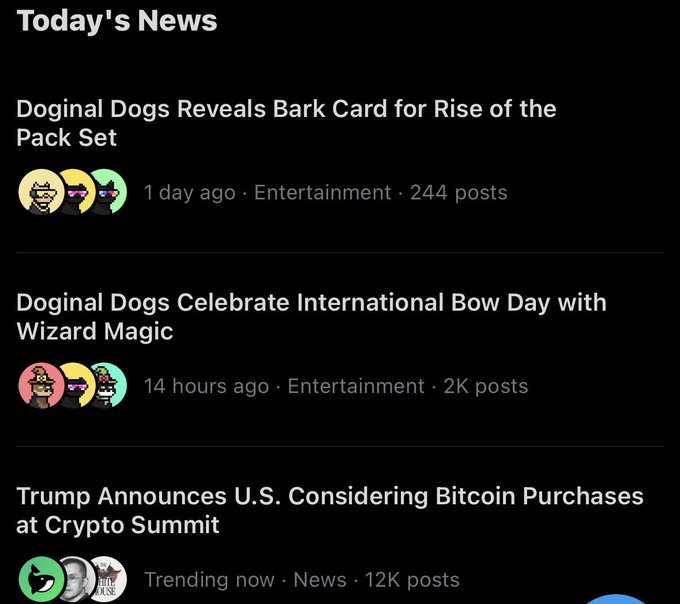 Today's News section showing stories about Doginal Dogs revealing Bark Card, celebrating International Bow Day, and Trump announcing U.S. considering Bitcoin purchases at a Crypto Summit (12K posts, trending now).