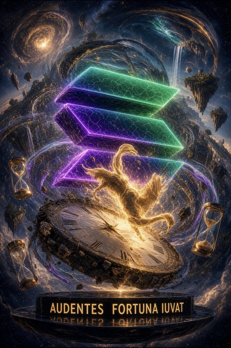 A fantastical digital artwork features a glowing golden figure leaping over a broken clock face with hourglasses floating around, set against a cosmic spiral background with a neon Solana logo and the Latin text 'AUDENTES FORTUNA IUVAT' (Fortune favors the bold).