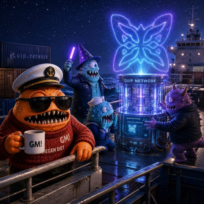 Cartoon monster characters in nautical attire gather around a glowing 'QUIP NETWORK' quantum system console on a ship deck at night, with one wearing a sailor cap holding a 'GM!' mug and another in a wizard hat wielding a purple light wand.