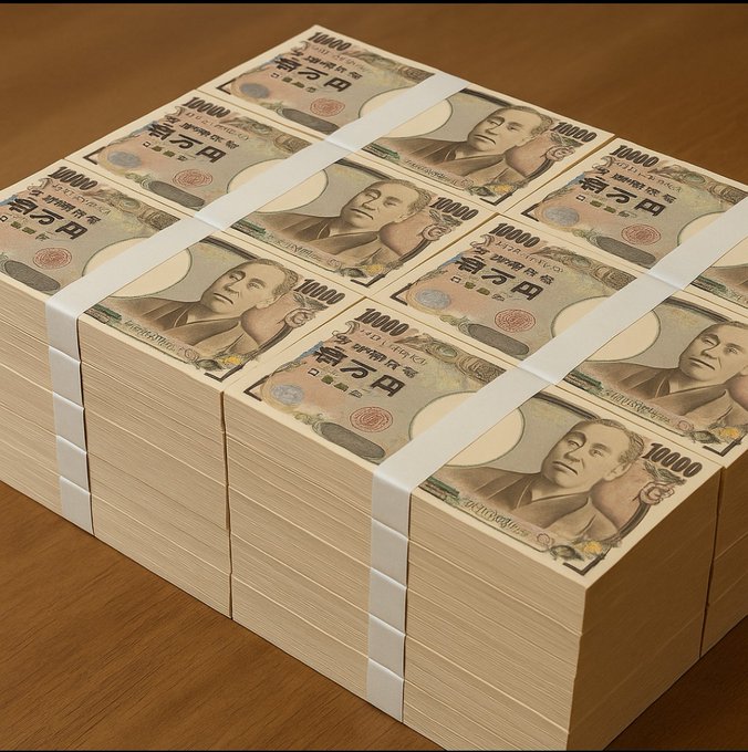 The image features a large stack of 1000 yen banknotes, neatly arranged on top of each other. The stacks are tied together with white straps, creating an organized and visually appealing display. The photo captures the attention of viewers due to its simplicity and the contrast between the stacks of money and the background.