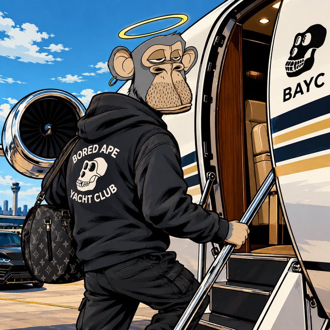 An illustration showing a Bored Ape Yacht Club (BAYC) character wearing a black hoodie with the BAYC logo, boarding a private jet that also bears the BAYC skull emblem.