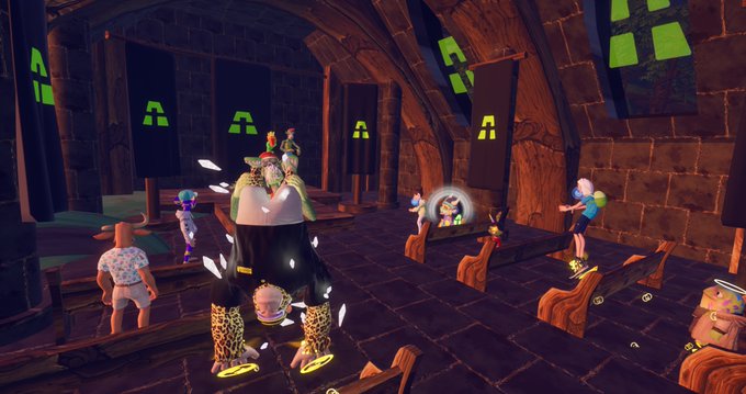 A Roblox-style 3D game scene set in a dark stone hall with arched ceilings, banners, and various cartoonish player avatars, including one character in a black robe with a glowing head.