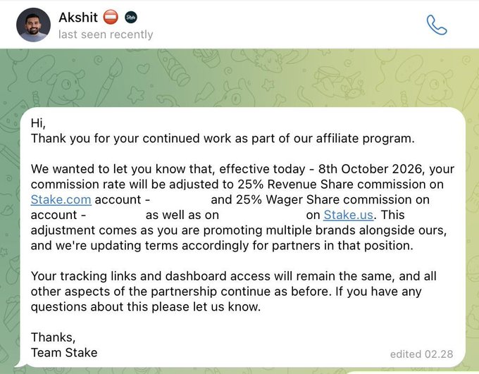 A Telegram message from Stake informs Akshit that his affiliate commission rate will be reduced to 25% on both Stake.com and Stake.us effective October 8th, 2026, due to his promotion of competing brands.