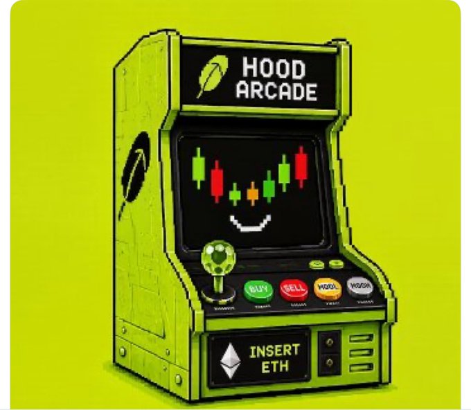 An illustration of a green arcade machine labeled 'HOOD ARCADE' displaying a candlestick chart with 'INSERT ETH' on the coin slot.