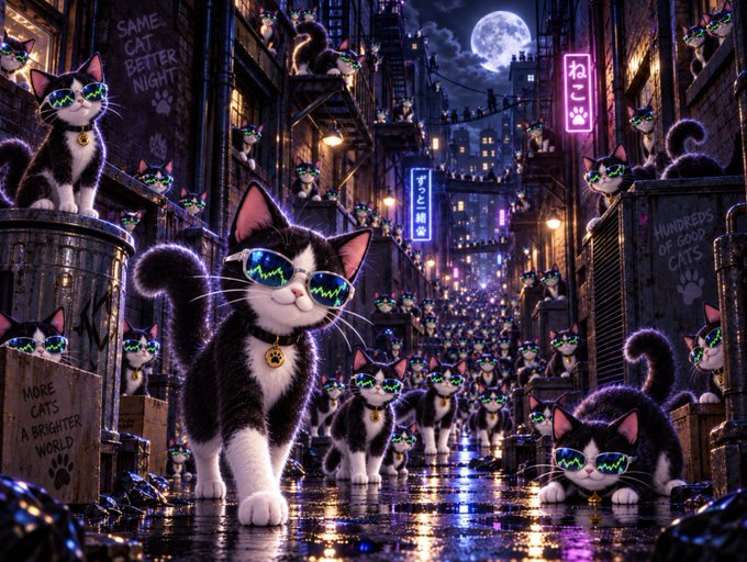 A fantasy-style digital artwork shows a crowd of black-and-white cats wearing glowing green sunglasses in a neon-lit alleyway at night, with signs reading 'SAME CAT BETTER NIGHT' and 'MORE CATS A BRIGHTER WORLD'.