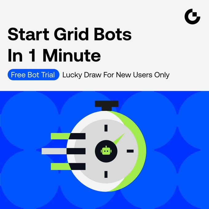 A bold promotional graphic featuring a stopwatch with an Android icon at its center, set against a blue background with star motifs. The headline reads "Start Grid Bots In 1 Minute" with a "Free Bot Trial" button and text stating "Lucky Draw For New Users Only," promoting the post's offer of a 10 USDT bot trial fund and lucky draw rewards for new crypto traders.
