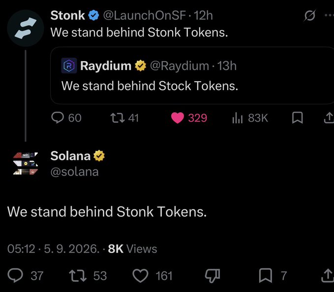 The image shows a series of tweets from Stonk (@LaunchOnSF), Raydium (@Raydium), and Solana (@solana), all echoing the same phrase "We stand behind Stonk Tokens" (with Raydium's tweet slightly misspelled as "Stock Tokens"). The tweets have notable engagement, including 83K views on the first post, 329 likes, and 8K views on Solana's tweet. These posts appear to be coordinated endorsements of the $STONK token, which directly relates to the accompanying caption calling it a "generational trade" and highlighting $STONK and $PONS as the "two main winners" of the cycle protocol-wise, lending credibility to the bullish sentiment expressed in the commentary.