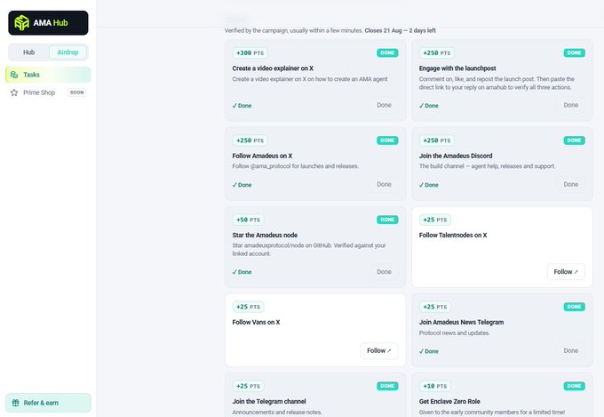 Screenshot of the AMA Hub Airdrop Tasks page showing various completed and pending tasks with point values (e.g., +380 PTS for creating a video explainer, +250 PTS for engaging with launchpost), all marked as verified or done.
