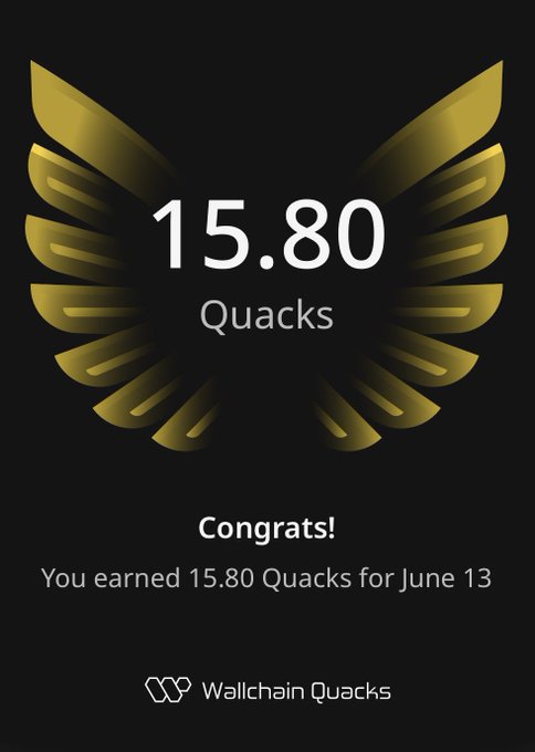 The image features an advertisement for a coffee service with a large logo that looks like a bird's wing or an eagle's wing. The text at the bottom of the image reads "Coffee time with my Quackers friends Just earned 15.8 Quacks for June 13". This message encourages users to engage with the social media platform where the post was shared, offering them rewards by purchasing coffee from the service provider and increasing their reputation within the community. The post suggests that by actively participating in discussions and sharing valuable insights about the company's products or services, users can gain more Quacks and eventually climb the leaderboard.