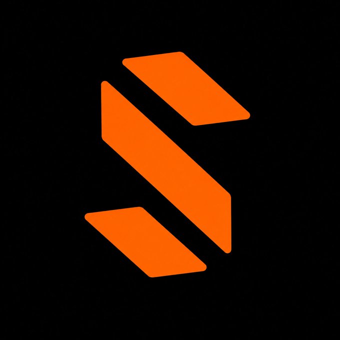 A minimalist orange graphic consisting of two stacked, slanted parallelogram shapes on a solid black background, resembling a stylized 'S' or dollar sign.