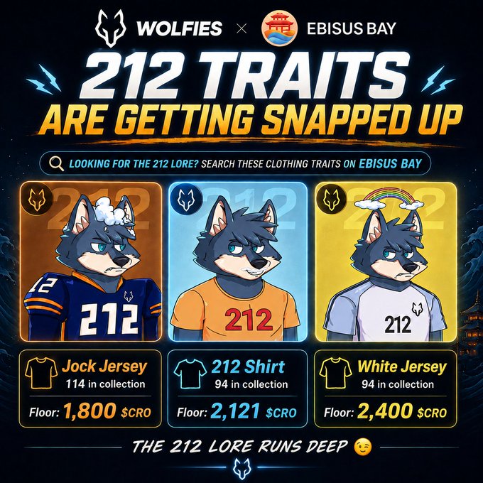 A promotional graphic for 'WOLFIES × EBISUS BAY' advertises '212 TRAITS ARE GETTING SNAPPED UP', showing three wolf mascots wearing a 'Jock Jersey', '212 Shirt', and 'White Jersey' with CRO prices listed.