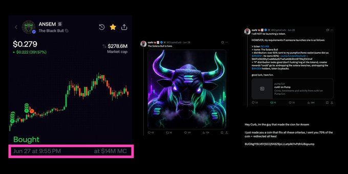 A screenshot showing the ANSEM token purchase at $14M market cap, a purple bull graphic, and tweets about the coin launch.