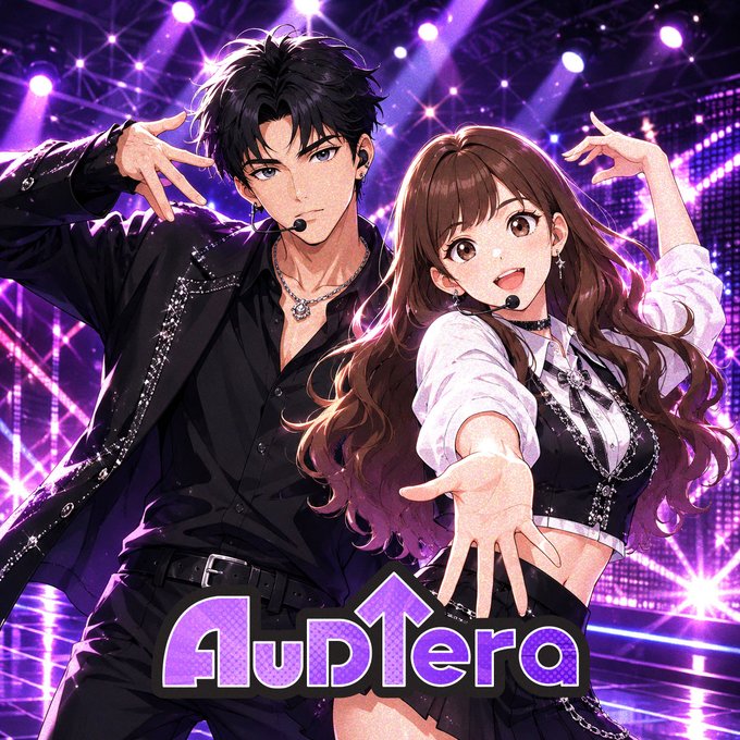 The image features a man and woman standing next to each other on stage, both holding microphones as if they are performing for an audience. The background of the image is purple with stars, giving off a starry night vibe. There's also text in the image that reads "auderica" which might be related to the post or could be part of the title of the image itself.