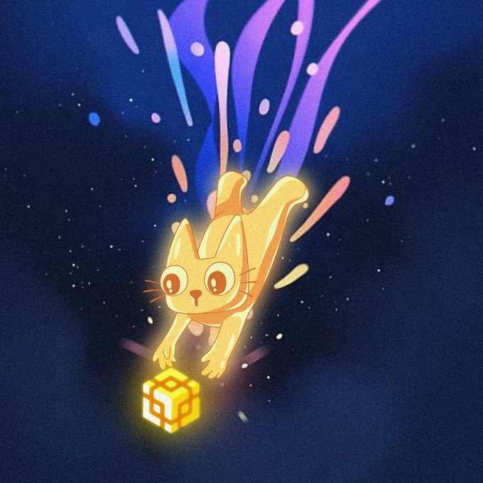 An illustration of an orange cat reaching toward a glowing yellow cube with colorful energy trails in a starry night sky.