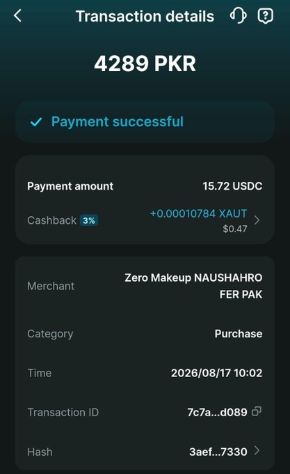 A transaction details screen on a dark background showing a successful payment of 4289 PKR (15.72 USDC) with 3% cashback in XAUT, made to a merchant named "Zero Makeup NAUSHAHRO FER PAK" on 2026/08/17.