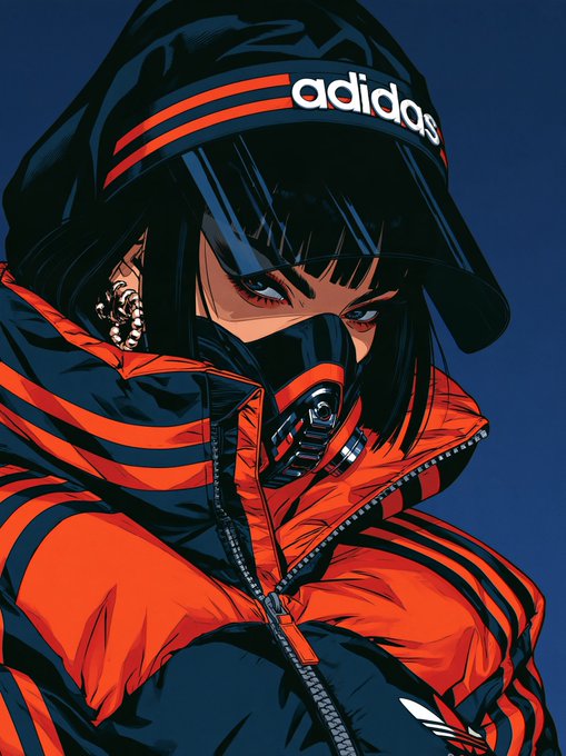 A stylized digital illustration of a person wearing an orange and dark blue Adidas puffer jacket, a cap with an Adidas logo, and a face mask.