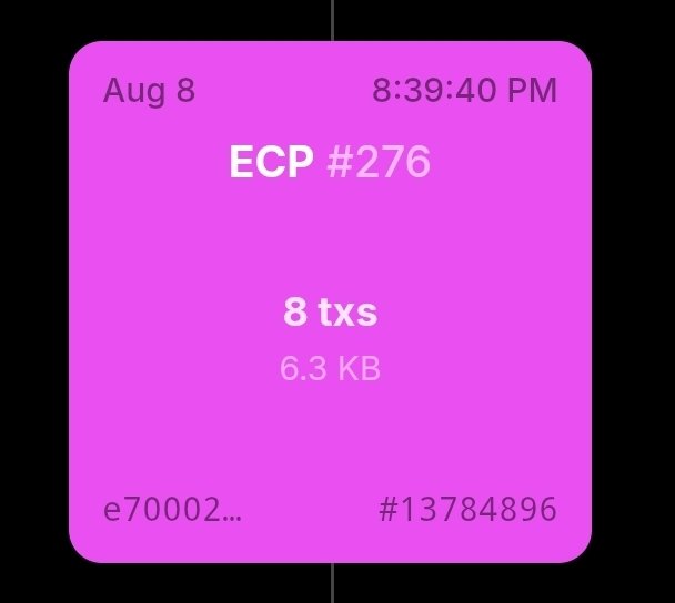 A pink digital card displaying transaction details "ECP #276", dated Aug 8 at 8:39:40 PM, showing 8 transactions and a size of 6.3 KB.
