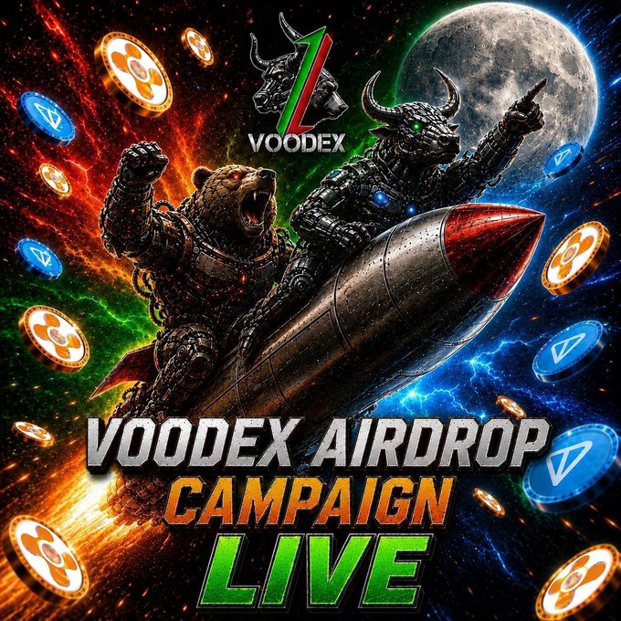 An action-packed promotional poster for "VOODEX AIRDROP CAMPAIGN LIVE" featuring a bear and bull in armor riding a rocket amid floating crypto coins.