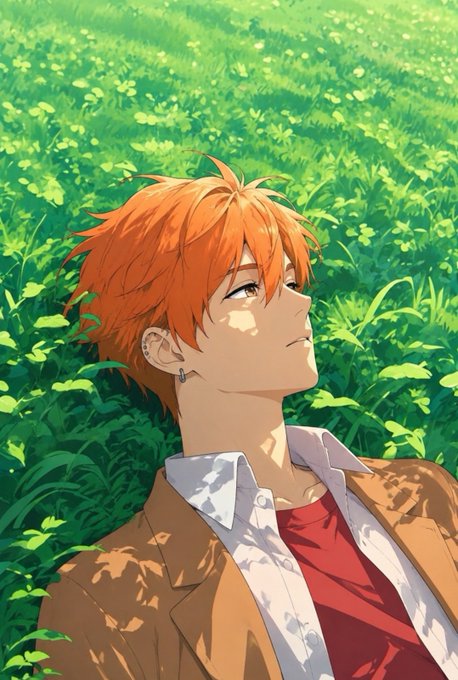 An anime-style illustration of a young man with orange hair lying in a field of green grass and white flowers, looking up at the sky.