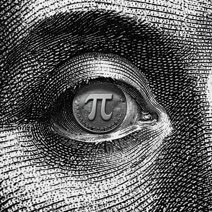 A black and white stylized image showing a human eye with a Pi (π) cryptocurrency coin reflected in the pupil, surrounded by intricate fingerprint-like patterns.