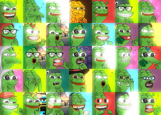 A grid collage of multiple cartoon illustrations featuring the green Pepe the Frog character with various expressions and accessories across colorful backgrounds.