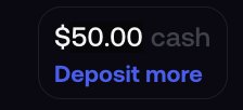 A dark UI element displays "$50.00 cash" in bold white text alongside a blue "Deposit more" link, visually representing the starting $50 bankroll for the user's "$50 → $10,000 challenge" announced in the post.