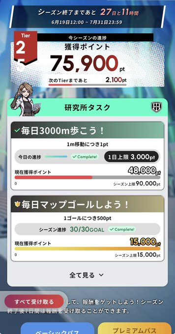 A Japanese mobile app screen displaying a seasonal progression system labeled "Tier 2" with 75,900 points earned, featuring two research tasks: "毎日3000m歩こう!" (Walk 3,000m daily) showing 48,000/90,000 points and "毎日マップゴールしよう!" (Daily map goal) with 30/30 GOALS completed for 15,000 points. The post notes a visible UI glitch where the Tier label appears misaligned with its content, matching the user's comment about the Tier section being shifted out of place.