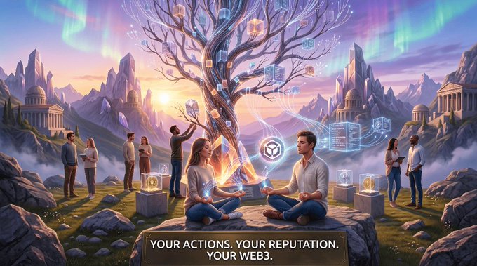 Two people meditate peacefully beneath a glowing ethereal tree surrounded by floating holographic cubes and code, with classical structures and mountains in the background, accompanied by the text "YOUR ACTIONS. YOUR REPUTATION. YOUR WEB3."

The image visually reinforces the post's message about Nucleus's long-term vision—replacing short-term speculation with steady, mindful contribution—showing users cultivating their Web3 reputation (symbolized by the holographic data cubes) through patient, intentional engagement.