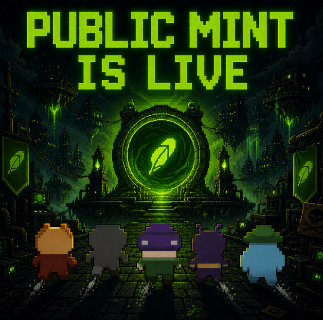 The image is a pixel-art promotional graphic featuring five characters standing before a glowing green portal and gothic castle, with large text reading "PUBLIC MINT IS LIVE." It ties to the post announcing the mint price for the NFT collection, likely "Rob" on OpenSea, inviting holders to the project’s Discord.