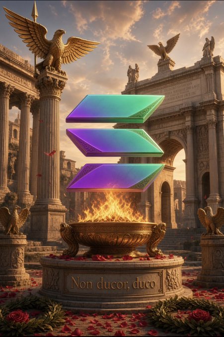 A fantasy digital artwork featuring the Solana logo hovering over a flaming golden brazier in an ancient Roman-style setting, with the inscription "Non ducor, duco" on the base.