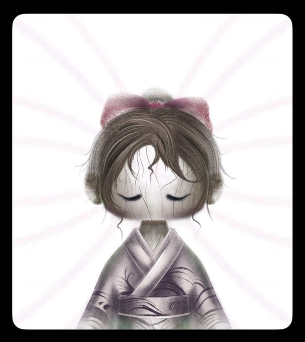 A grayscale illustration of a geisha with her eyes closed, wearing a red bow, set against a white background with faint radiating lines.