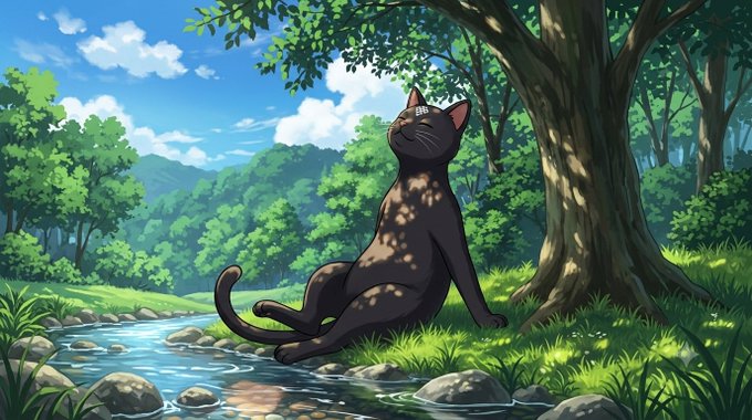 Anime-style illustration of a sleek black cat lounging in dappled sunlight by a stream under a large tree in a lush green forest landscape.