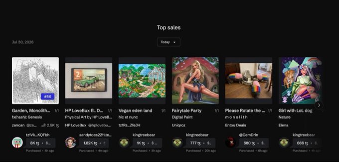 A screenshot of an NFT marketplace 'Top sales' page dated Jul 30, 2026, showing various digital art listings including 'Garden, Monolith Genesis', 'HP LoveBux EL D...', 'Vegan eden land', 'Fairytale Party', 'Please Rotate the ... monolith', and 'Girl with LoL dog Nature'.