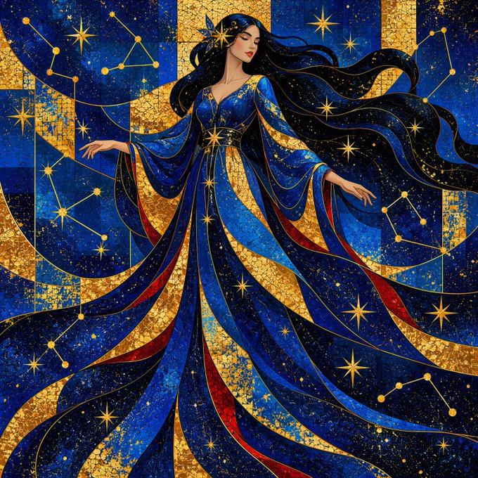 A stylized illustration of a woman in a flowing blue-and-gold gown surrounded by stars and constellation lines, set against a cosmic blue, gold, and red patterned background.