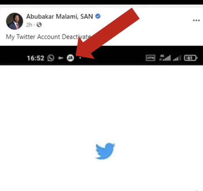 A Facebook post by Abubakar Malami, SAN, reads "My Twitter Account Deactivate," with a screenshot showing an empty Twitter feed accessed via VPN, highlighting the deactivation of his account amid allegations of Bitcoin transactions and financial misconduct.