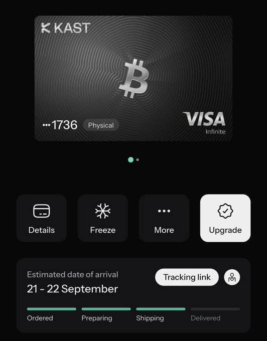 A digital KAST Visa Bitcoin card product page displays a black physical card with the Bitcoin logo, showing card number ending in 1736 with options for Details, Freeze, More, and Upgrade.