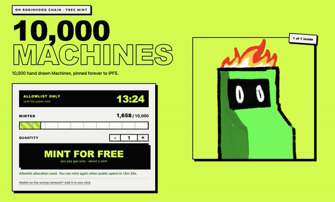 A neon green and black NFT mint page for '10,000 MACHINES' on Robinhood Chain, showing a hand-drawn green arcade machine character, a mint countdown timer at 13:24, 1,658/10,000 minted, and a 'MINT FOR FREE' button.