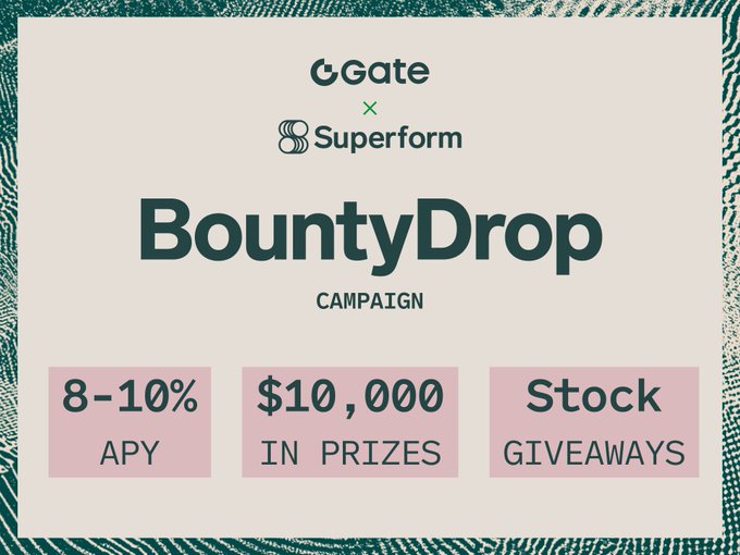 A clean promotional image for the 'Gate x Superform BountyDrop CAMPAIGN' featuring 8-10% APY, $10,000 in prizes, and stock giveaways.