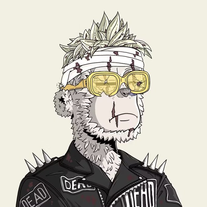 A digital illustration of a punk-style anthropomorphic bird character wearing yellow sunglasses, a spiked leather jacket with 'DEAD' lettering, and a bandage wrapped around its head.