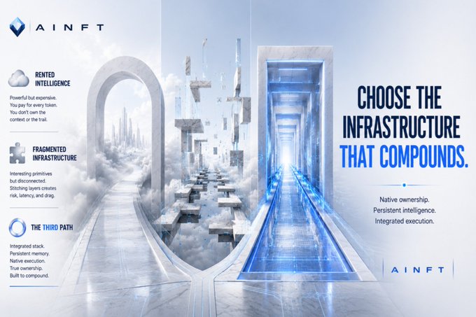 A promotional graphic for AINFT displaying "CHOOSE THE INFRASTRUCTURE THAT COMPOUNDS" alongside a visual showing three divergent paths labeled "RENTED INTELLIGENCE," "FRAGMENTED INFRASTRUCTURE," and "THE THIRD PATH," depicting cloud-based versus integrated blockchain-based AI architectures.

The image visually reinforces the post's message about the pivotal choice in agent infrastructure—contrasting the risky paths of relying on centralized rentals or fragmented systems (shown as crumbling bridges and cloudy clouds) against the "Third Path" of an integrated, on-chain corridor where AI agents gain native ownership and persistent intelligence, directly illustrating the fork between rented versus owned AI infrastructure.