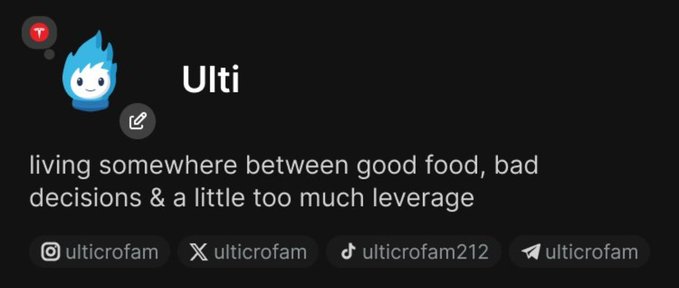A social media profile for "Ulti" featuring a blue flame-haired cartoon avatar, with the bio "living somewhere between good food, bad decisions & a little too much leverage" and handles ulticrofam (Instagram, X), ulticrofam212 (TikTok), and ulticrofam (Telegram).