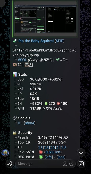 The image shows a computer screen displaying information about a cryptocurrency called Solana, represented by the text "#solana". The screen also includes a list of various items related to the cryptocurrency's entry into the $PIP high gamble Ca:: 54nT2nPjwbWXePKCaYJNtd8XjcnhcwKkZcHw4yqRpump #Solanamecoin #Solana #Earlyalphacalls #Memecoin #Solana". The post about the cryptocurrency contains a message with a focus on the item "Fresh" in the list.