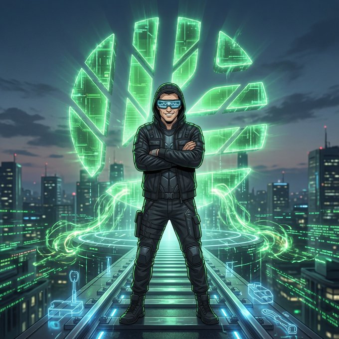 A stylized digital illustration of a man in tactical black gear with glowing green sunglasses, standing on a rooftop with a large green neon emblem and city skyline in the background.