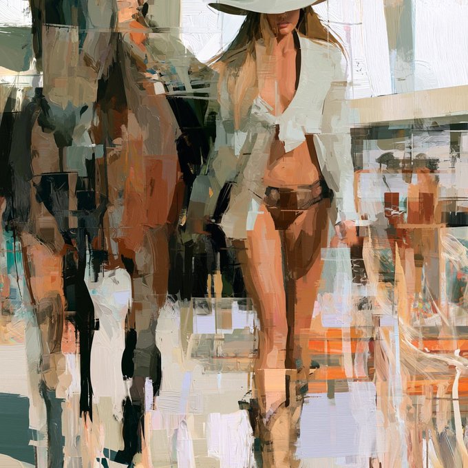 An abstract, painterly artwork featuring a figure in a white hat, white shirt, and orange skirt, rendered with thick, fragmented brushstrokes in whites, blacks, and oranges.