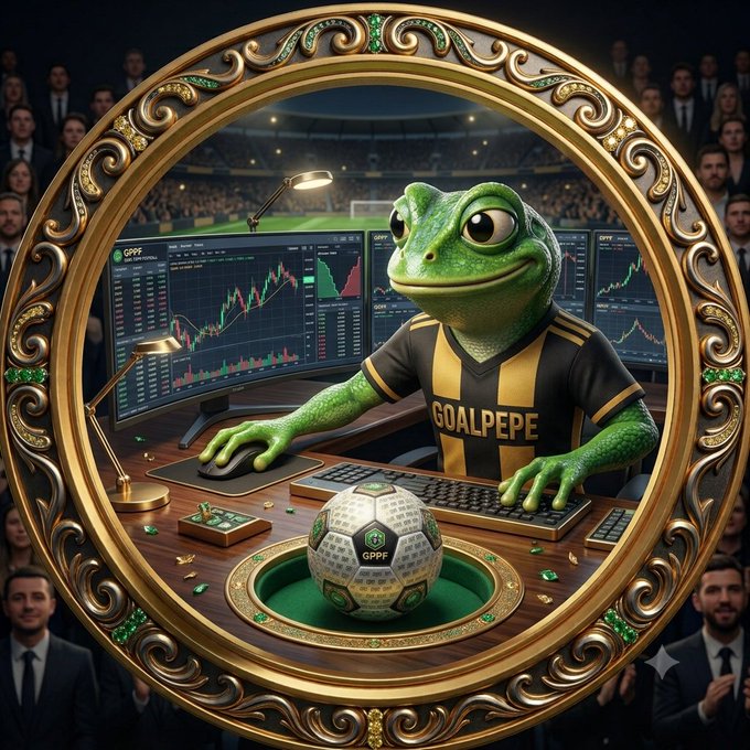 An ornate golden frame surrounds a cartoon green frog wearing a black and yellow 'GOALPEPE' jersey, sitting at a desk with trading charts on monitors, a computer mouse, keyboard, and a GPPF-branded soccer ball on a green felt surface.