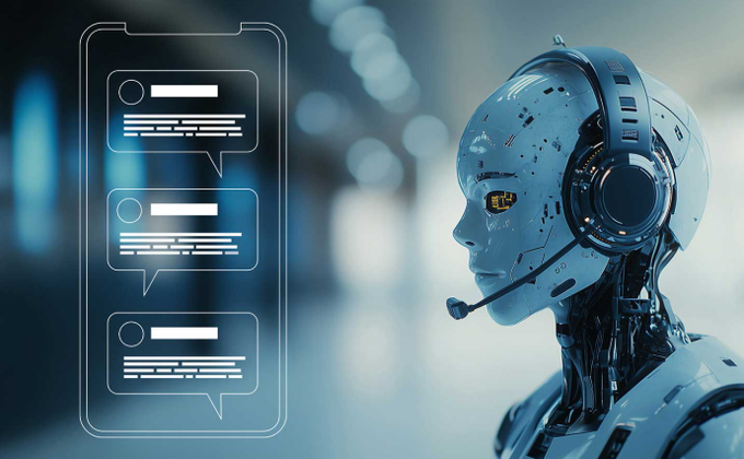 A white humanoid robot with a headset speaks, accompanied by a digital smartphone interface displaying three chat message bubbles.
