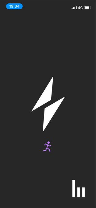 A minimalist smartphone home screen wallpaper featuring a purple stick figure running beneath a white lightning bolt logo on a black background.